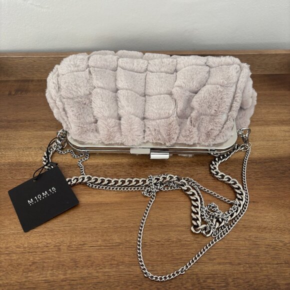 M10M15 Light Gray Taupe Faux Fur Evening Shoulder Crossbody Clutch Bag NEW - Picture 5 of 8